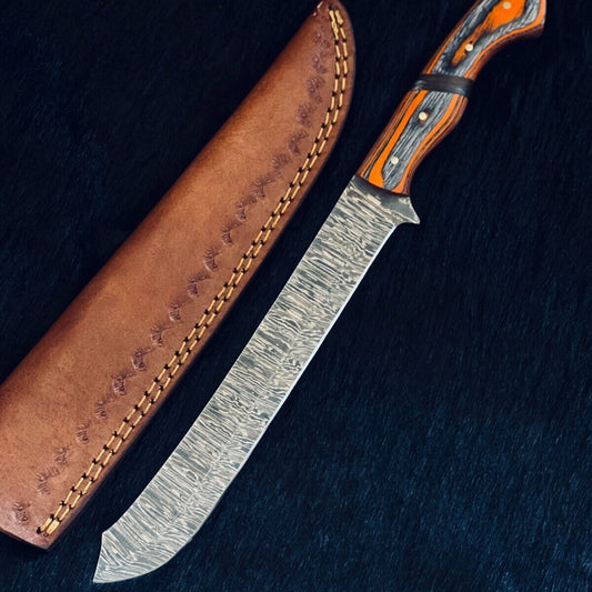 Heritage Forge 13 Inch Fire Damascus Fillet Kitchen Knife with Camel Bone and Wood Handle