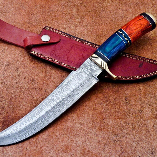Heritage Forge 13 Inch Handmade Damascus Bowie Knife | Hardwood Handle Custom Camping Hunting Blade