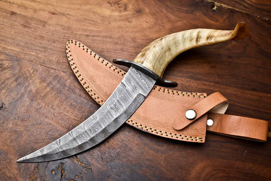 Heritage Forge 13 Inch Handmade Damascus Bowie Knife with Rams Horn Handle for Hunting and Camping