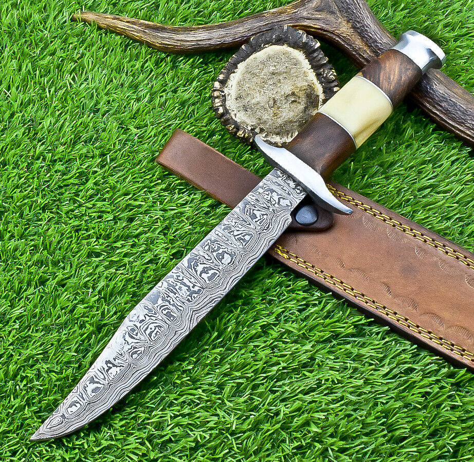 Heritage Forge 13 Inch Handmade Damascus Steel Bowie Knife with Camel Bone and Wood Handle and Leather Sheath