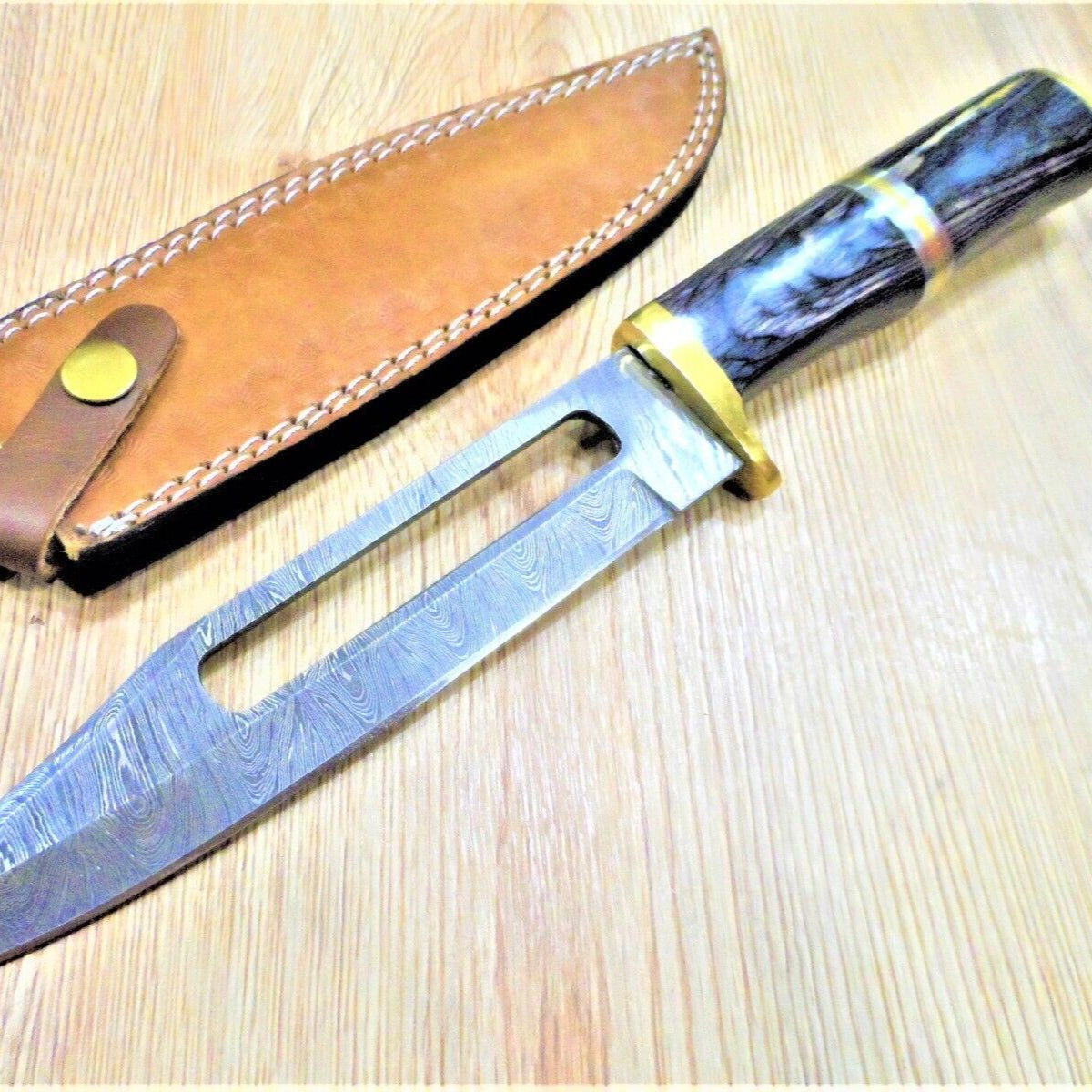 Heritage Forge 13 Inch Handmade Damascus Steel Bowie Knife with Hardwood Handle and Leather Sheath