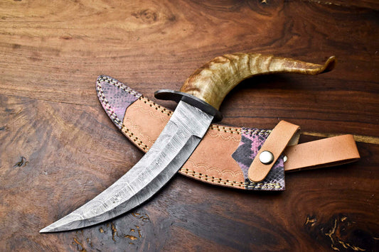 Heritage Forge 13 Inch Handmade Damascus Steel Bowie Knife with Ram's Horn Handle for Hunting and Camping