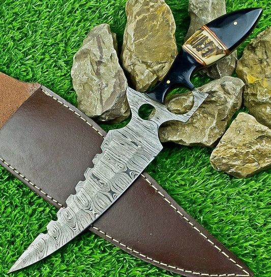 Heritage Forge 13 Inch Handmade Damascus Steel Bowie Knife with Stag and Buffalo Horn Handle