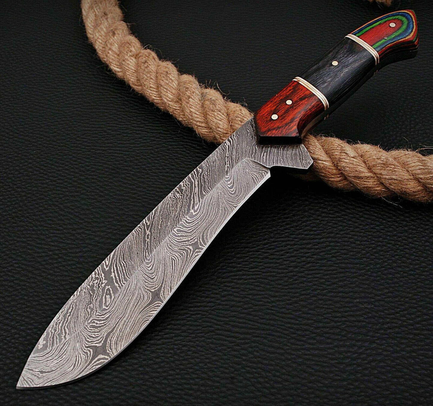 Heritage Forge 13 Inch Handmade Damascus Steel Hunting Bowie Knife with Hardwood Handle and Sheath