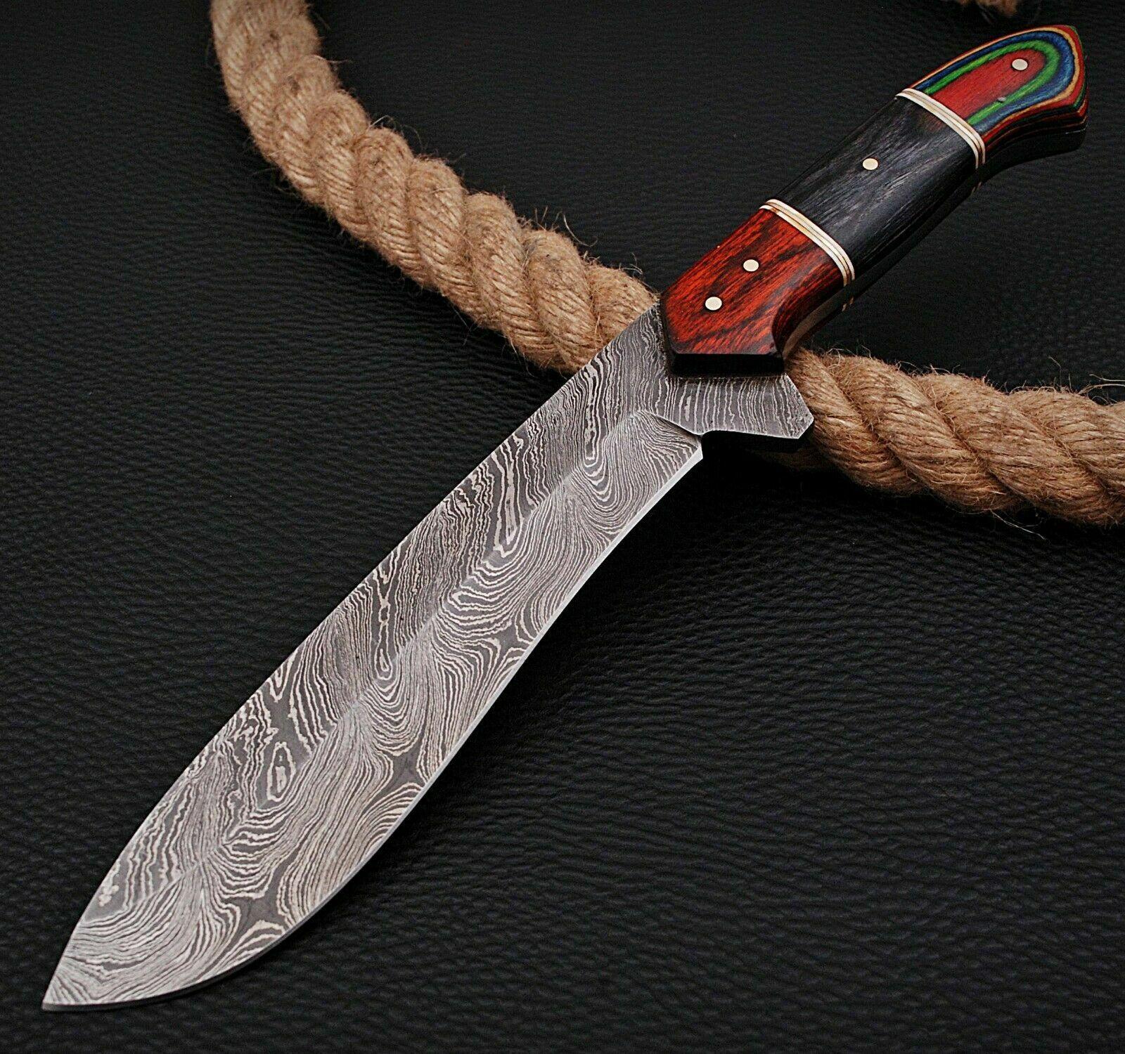 Heritage Forge 13 Inch Handmade Damascus Steel Hunting Bowie Knife with Hardwood Handle and Sheath