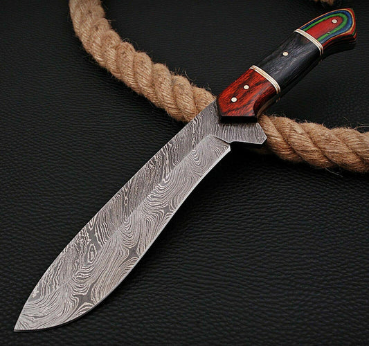 Heritage Forge 13 Inch Handmade Damascus Steel Hunting Bowie Knife with Hardwood Handle and Sheath