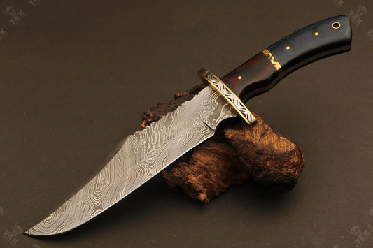 Heritage Forge 13 Inch Ladder Damascus Steel Bowie Knife with Micarta Handle for Hunting and Camping