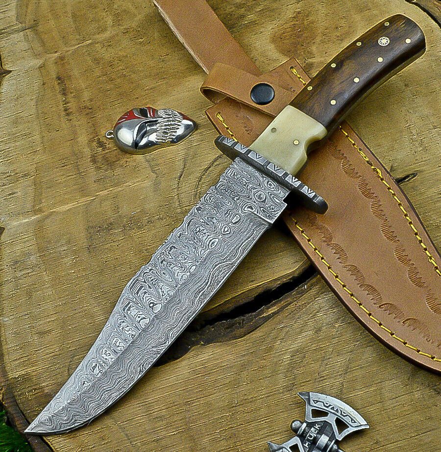 Heritage Forge 13 Inch Wood Handle Damascus Steel Bowie Knife for Hunting and Camping