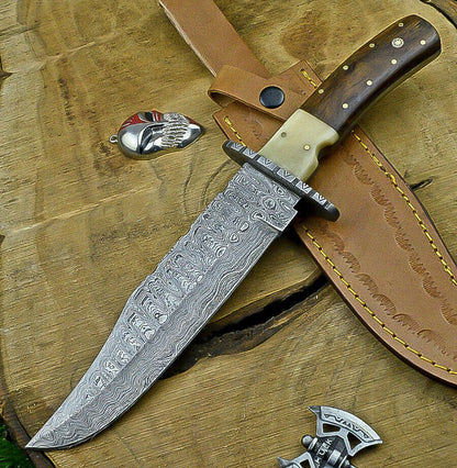 Heritage Forge 13 Inch Wood Handle Damascus Steel Bowie Knife for Hunting and Camping