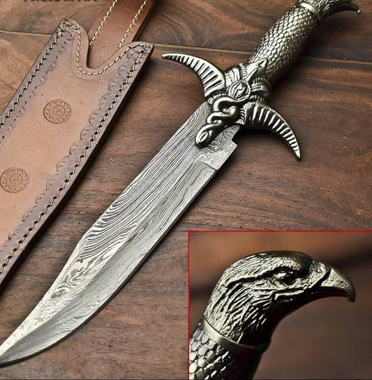 Heritage Forge 14.5" Damascus Bowie Knife with Pewter Handle and Leather Sheath