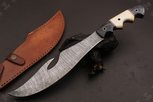 Heritage Forge 14.5 Inch Twist Damascus Bowie Knife with Camel Bone and Wood Handle for Hunting and Camping