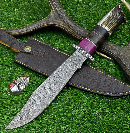 Heritage Forge 14" Damascus Steel Bowie Knife with Stag Horn and Resin Handle