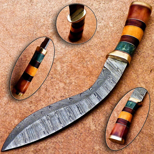 Heritage Forge 14" Damascus Steel Kukri Knife with Camel Bone and Wood Handle