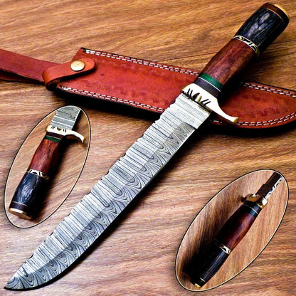 Heritage Forge 14" Handmade Damascus Steel Bowie Hunting Knife with Natural and Hardwood Handle