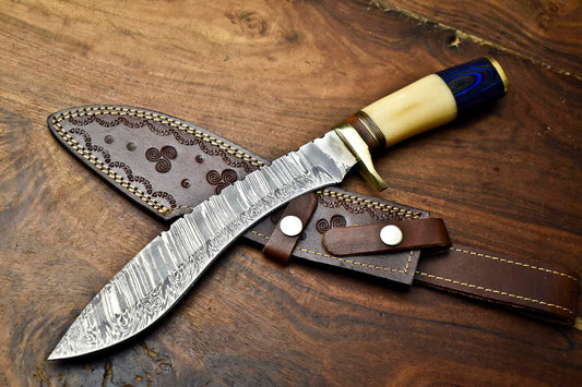 Heritage Forge 14 Inch Custom Handmade Damascus Hunting Bowie Knife with Camel Bone Handle

