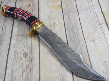 Heritage Forge 14 Inch Damascus Bowie Knife with Resin and Wood Handle + Display Stand