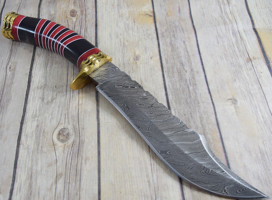 Heritage Forge 14 Inch Damascus Bowie Knife with Resin and Wood Handle + Display Stand