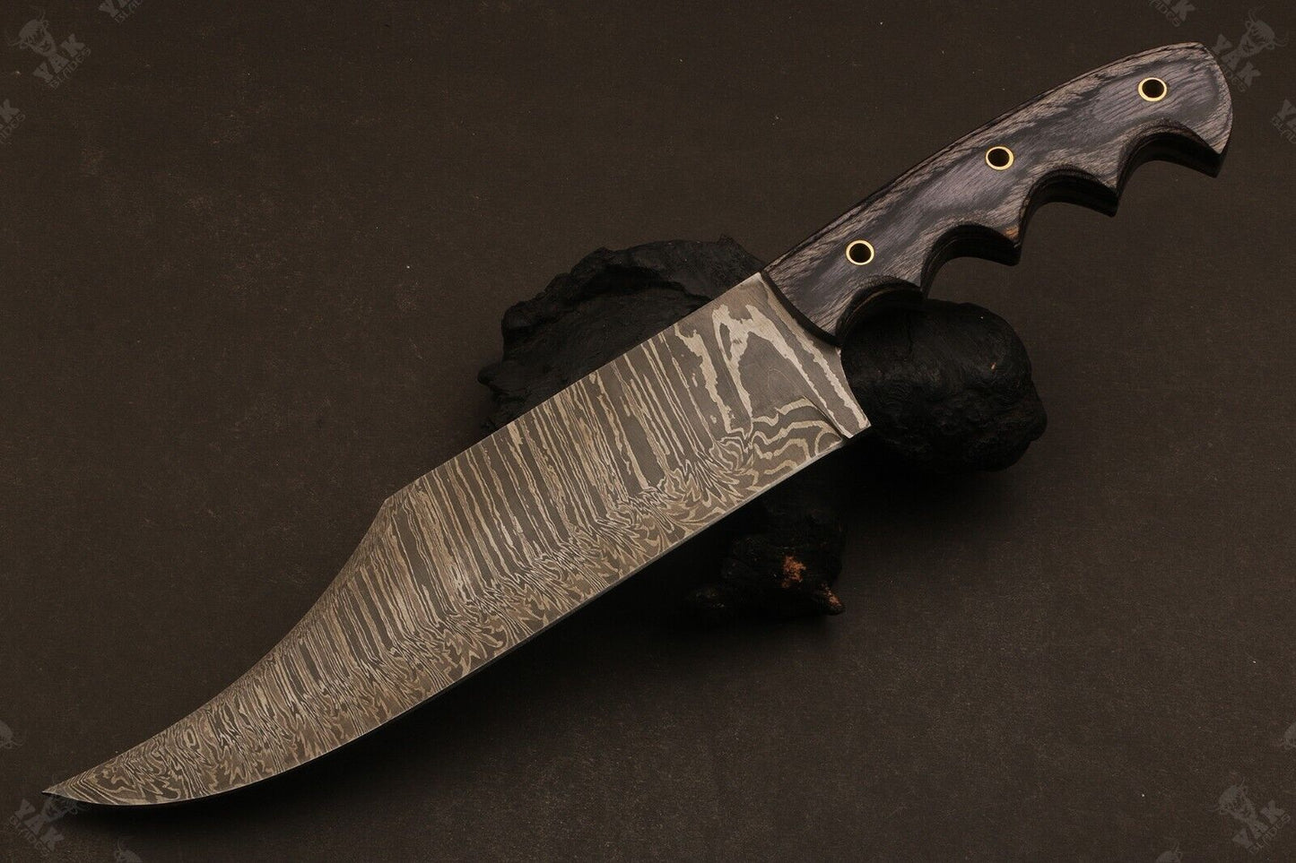 Heritage Forge 14 Inch Damascus Steel Bowie Knife with Camel Bone and Wood Handle for Camping and Hunting