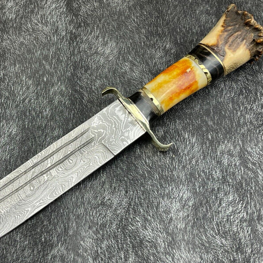 Heritage Forge 14 Inch Damascus Steel Hunting Survival Knife with Camel Bone and Horn Handle