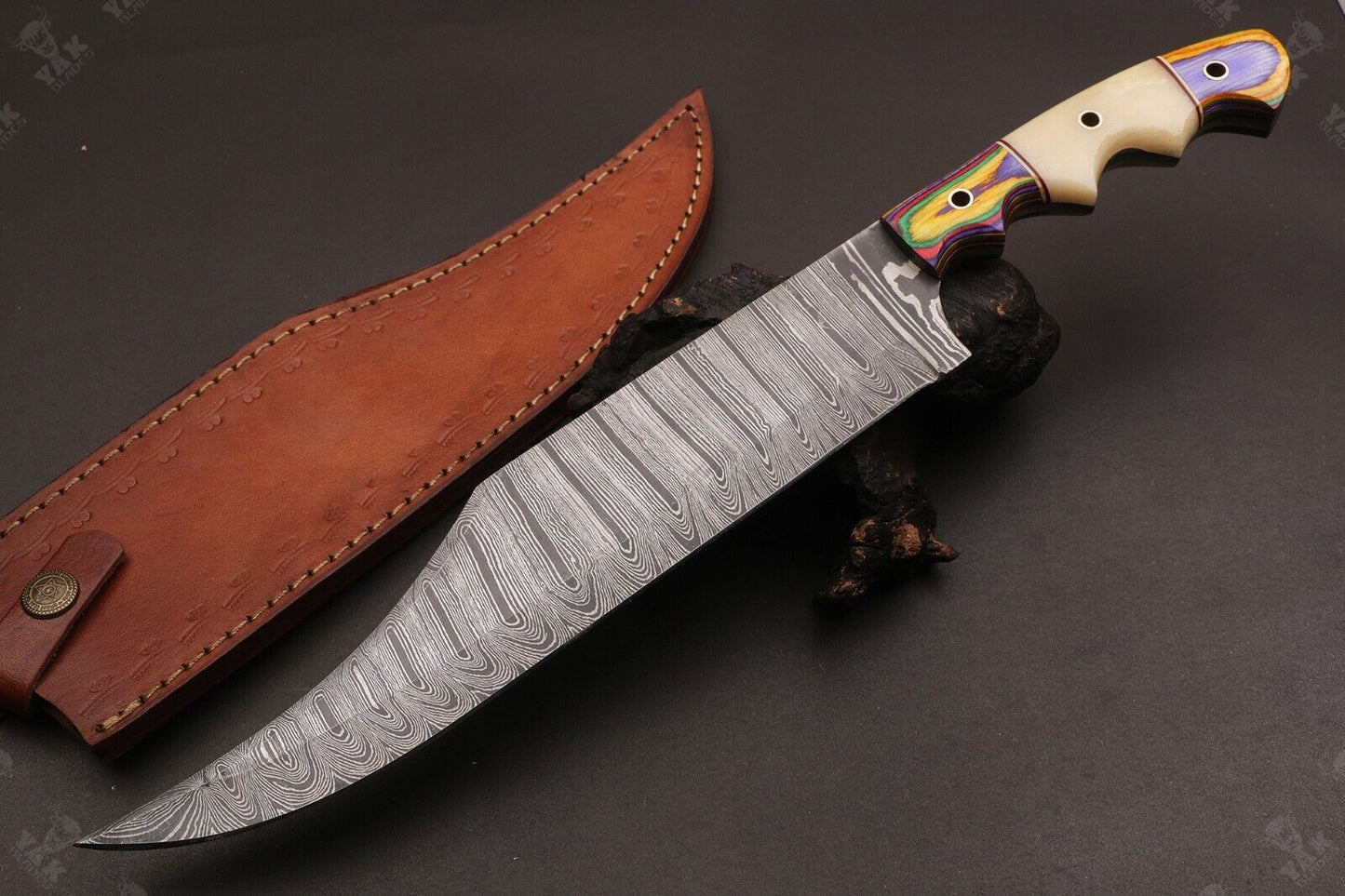 Heritage Forge 15.5 Inch Custom Hand Forged Twist Damascus Hunting Bowie Knife with Camel Bone and Wood Handle