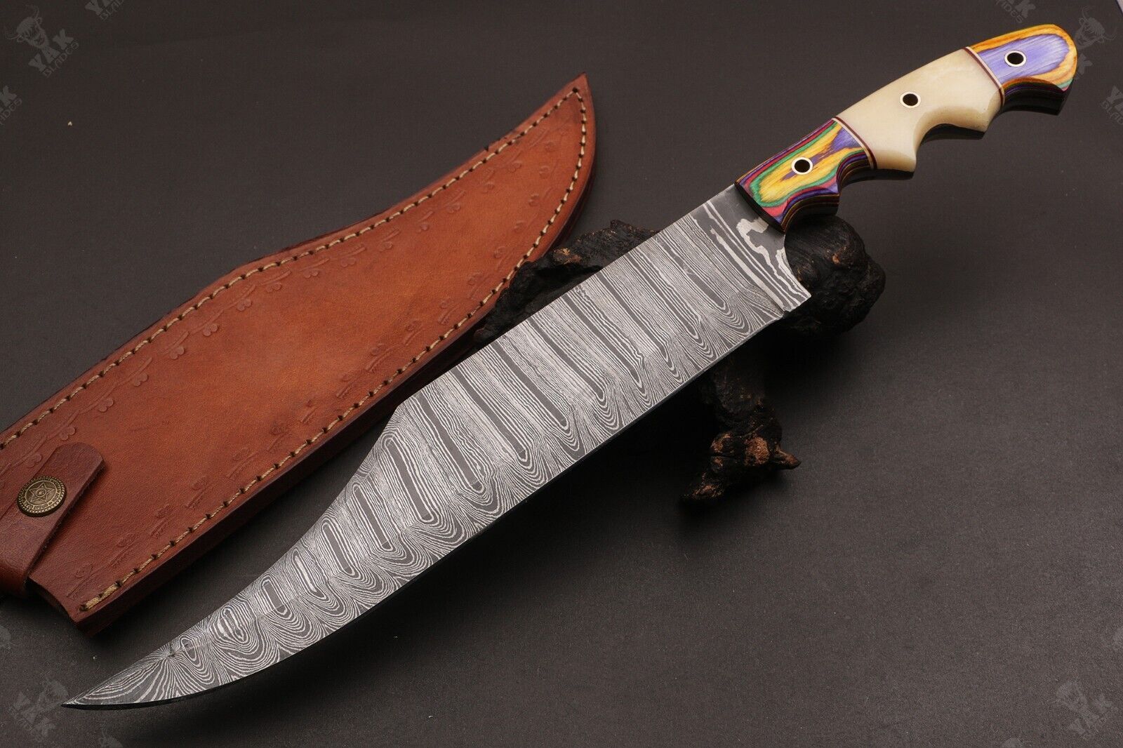 Heritage Forge 15.5 Inch Custom Hand Forged Twist Damascus Hunting Bowie Knife with Camel Bone and Wood Handle