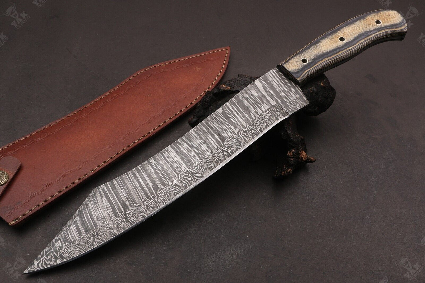 Heritage Forge 15.5 Inch Custom Handmade Damascus Hunting Bowie Knife with Camel Bone and Wood Handle