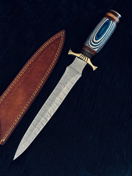 Heritage Forge 15.5 Inch Fire Damascus Hunting Dagger with Camel Bone and Wood Handle