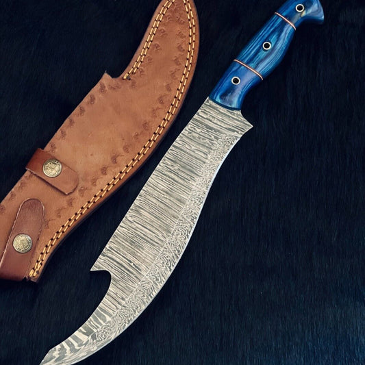 Heritage Forge 15.5 Inch Fire Damascus Steel Machete Knife with Camel Bone and Wood Handle