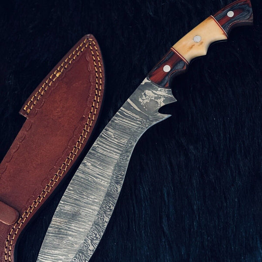 Heritage Forge 15.5 Inch Handmade Twist Damascus Kukri Hunting Knife with Camel Bone and Wood Handle