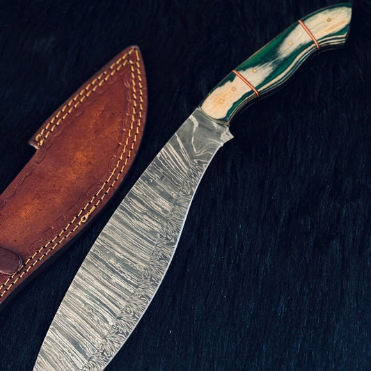 Heritage Forge 15.5 Inch Twist Damascus Kukri Knife with Camel Bone and Wood Handle