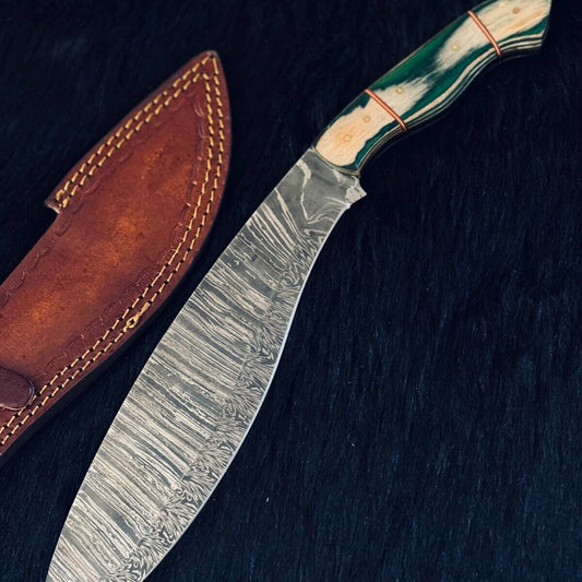 Heritage Forge 15.5 Inch Twist Damascus Steel Kukri Knife with Camel Bone and Wood Handle