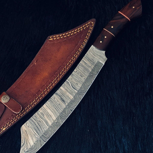 Heritage Forge 15.5 Inch Twist Damascus Steel Machete Knife with Camel Bone and Wood Handle