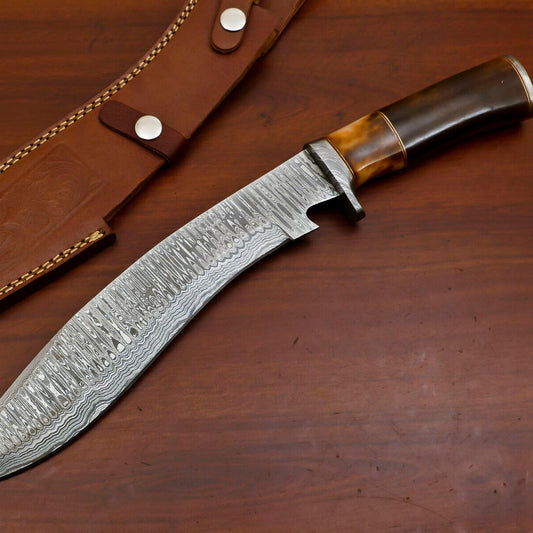 Heritage Forge 15" Damascus Bowie Knife with Stained Camel Bone Handle and Forged Guard