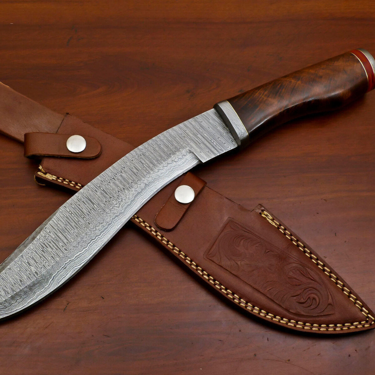 Heritage Forge 15" Damascus Steel Bowie Knife with Rose Wood Handle and Custom Leather Sheath