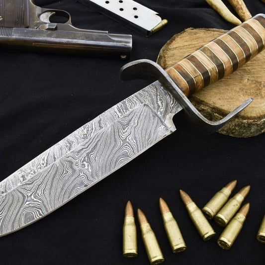 Heritage Forge 15" Damascus Steel Bowie Knife with Wood Handle and Damascus Guard