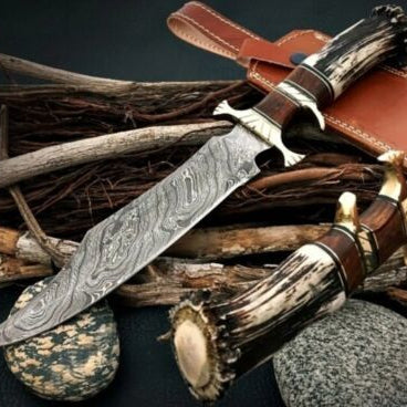 Heritage Forge 15 Inch Custom Damascus Steel Bowie Knife with Stag Antler Handle