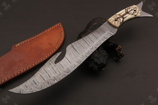 Heritage Forge 15 Inch Custom Handmade Twist Damascus Bowie Knife with Camel Bone Handle