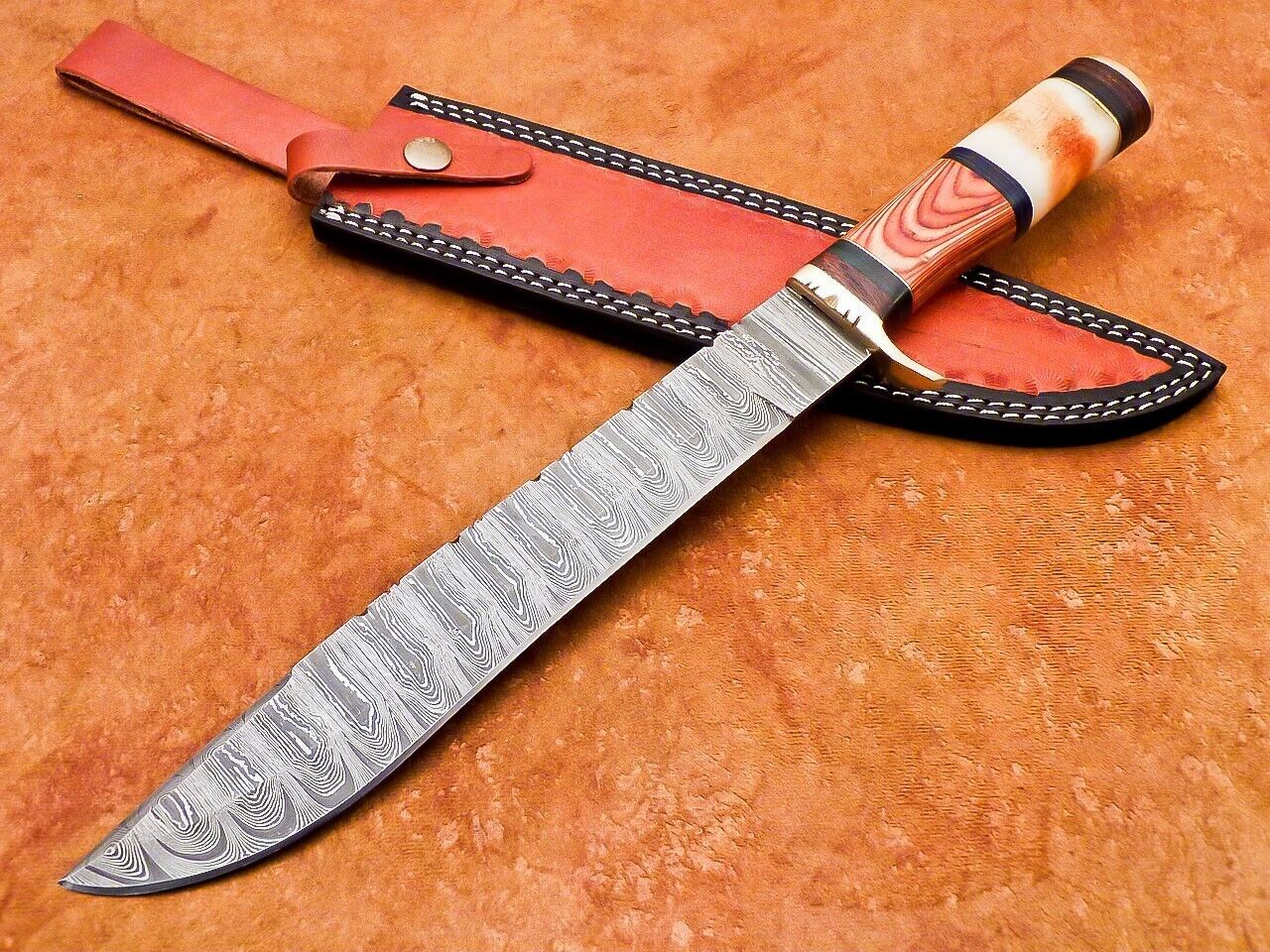 Heritage Forge 15 Inch Damascus Bowie Hunting Knife with Camel Bone and Hardwood Handle