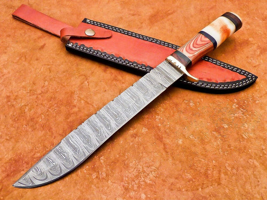 Heritage Forge 15 Inch Damascus Bowie Hunting Knife with Camel Bone and Hardwood Handle