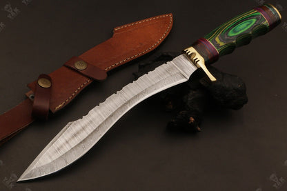 Heritage Forge 15 Inch Damascus Knife with Stained Camel Bone and Wood Handle for Hunting and Camping