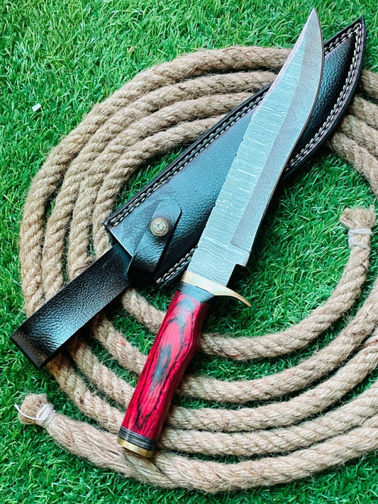 Heritage Forge 15 Inch Damascus Steel Bowie Knife Brass and Wood Handle for Hunting and Survival