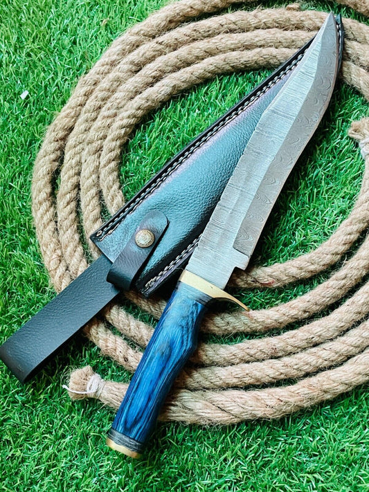 Heritage Forge 15 Inch Damascus Steel Bowie Knife Brass and Wood Handle with Leather Sheath