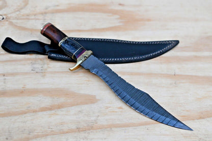 Heritage Forge 15 Inch Damascus Steel Bowie Knife Brass and Wood Handle with Sheath