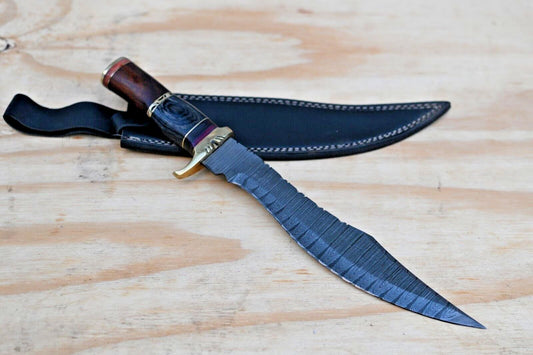 Heritage Forge 15 Inch Damascus Steel Bowie Knife Brass and Wood Handle with Sheath