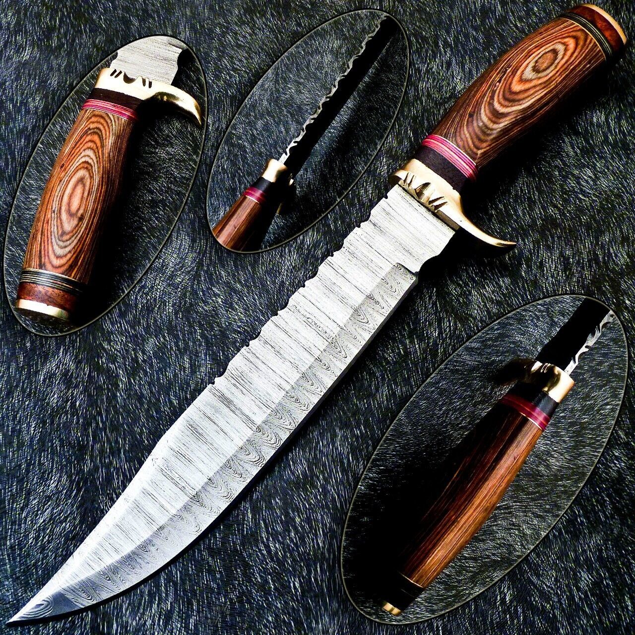 Heritage Forge 15 Inch Damascus Steel Bowie Knife with Hardwood Handle and Brass Bolster