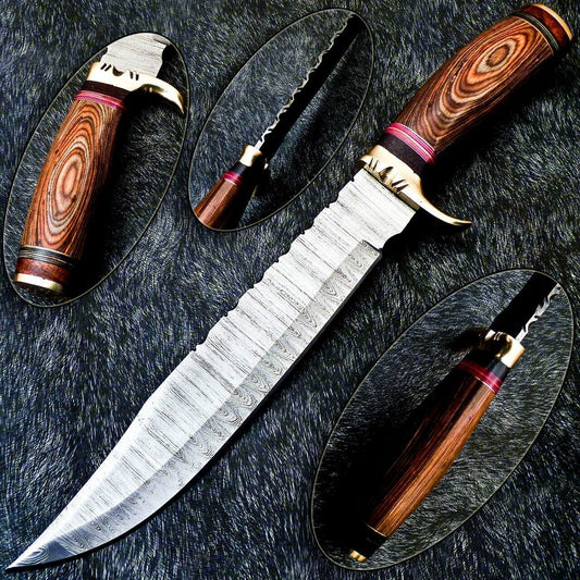 Heritage Forge 15 Inch Damascus Steel Bowie Knife with Hardwood Handle and Brass Bolster