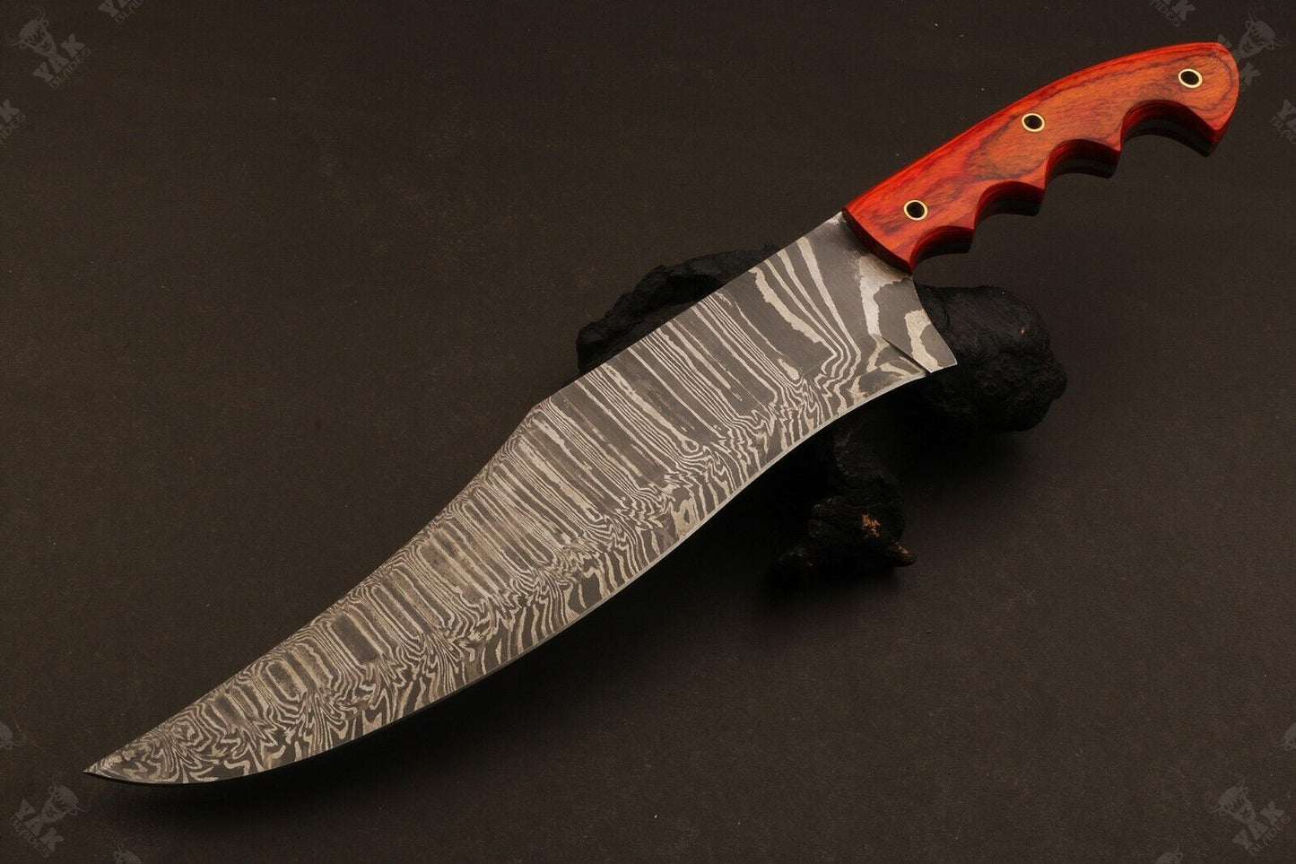 Heritage Forge 15 Inch Damascus Steel Bowie Knife with Wood Handle for Hunting and Camping