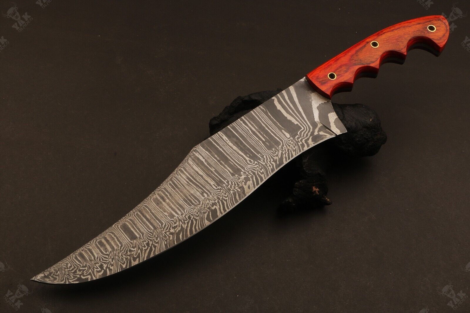 Heritage Forge 15 Inch Damascus Steel Bowie Knife with Wood Handle for Hunting and Camping