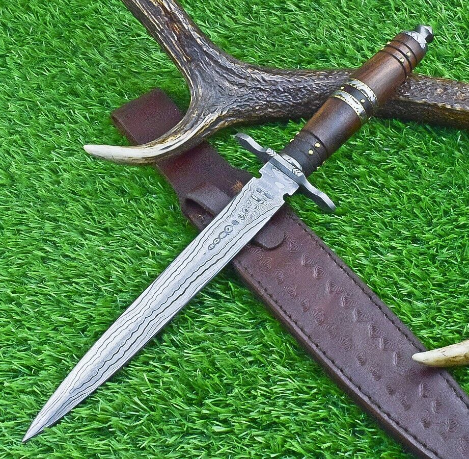Heritage Forge 15 Inch Damascus Steel Double Edge Bowie Dagger with Natural Wood Handle