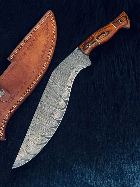 Heritage Forge 15 Inch Damascus Steel Kukri Knife with Camel Bone and Wood Handle